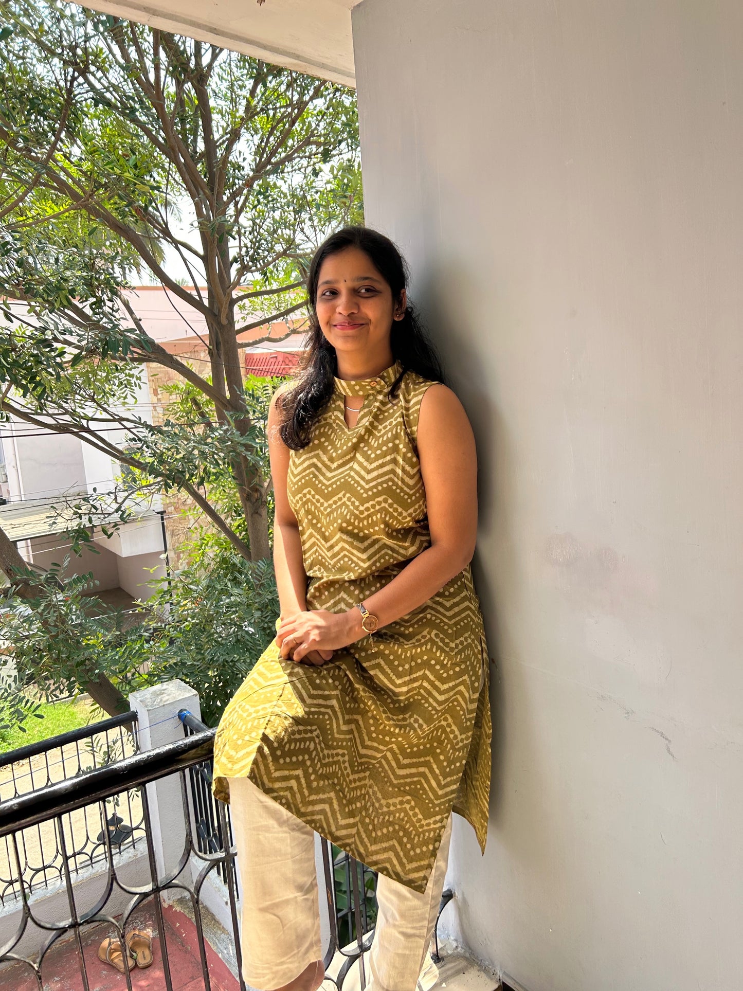 Green cream halter neck kurti